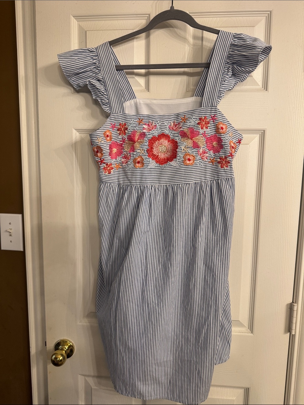 Juniors Blue Striped Embroidered Floral Dress